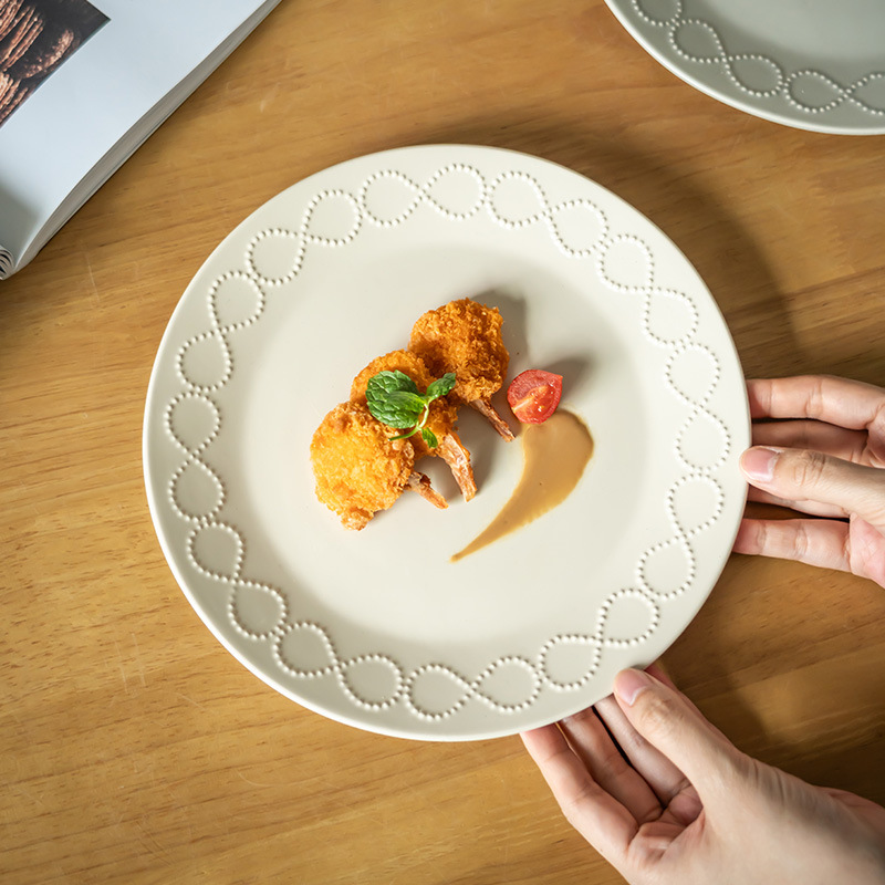 Plato de cerámica simple de bobina de perlas, plato de carne, plato de pasta, plato de desayuno, plato de curación casera