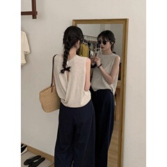 杏色交叉露背无袖针织背心女夏季外穿设计感宽松复古正肩T恤上衣