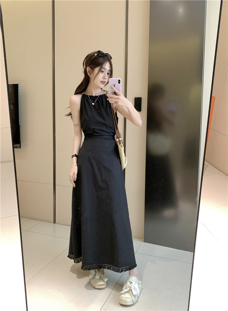 French-style Hollow-out Open-waist Halter Dress Women's Summer Lace-up Waist Slimming Vacation-style Seaside Tassel Long Dress