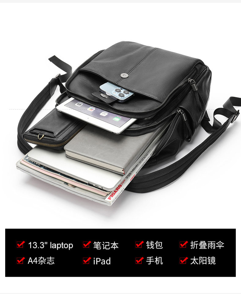 Ba lô da bò thật cho nam phong cách đường phố, đựng vừa laptop 14 inch, dung tích dưới 20L — Màu đen chi tiết 19