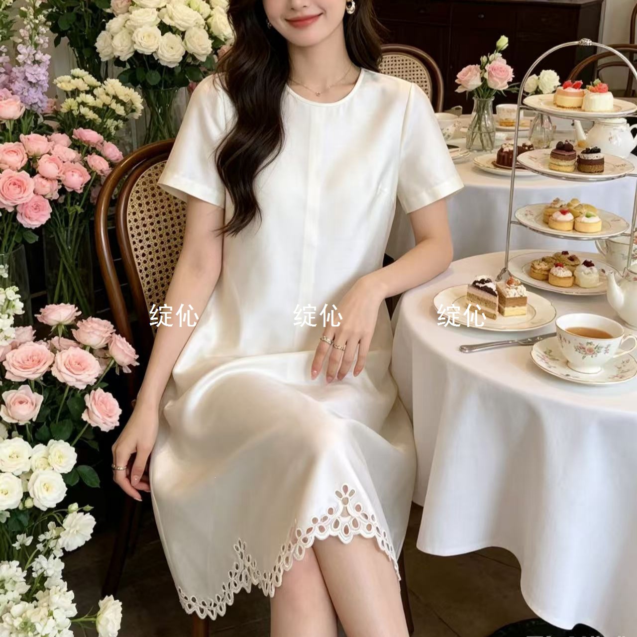 Silk and rayon short-sleeve dress with hollowed-out embroidered hem design, simple and gentle elegant color mid-length dress