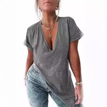 2024 European and American Amazon Women's Deep V Neck ShorT-sleeved T-shirT wiTh Side SliTs, Oversized Summer Loose Casual Top 2024 European and American Amazon Women's Deep V Neck ShorT-sleeved T-shirT wiTh Side SliTs, Oversized Summer Loose Casual Top