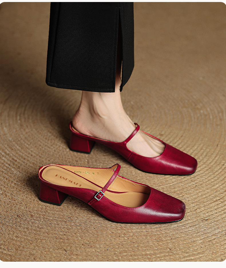 Sandal nữ quai ngang mũi vuông gót 4.5 cm da bò bít mũi hở gót — đen chi tiết 8