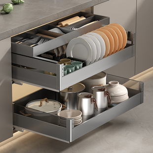 Kitchen Cabinet Renovation Dish Basket Space Aluminum Pull-Out Basket Drawer-Type Double-Layer Dish Storage Rack Pot Basket