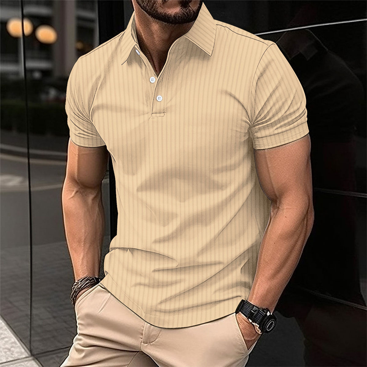 Men's Vertical Stripe Polo Shirt Lightweight Breathable Casual Top_voghion.com