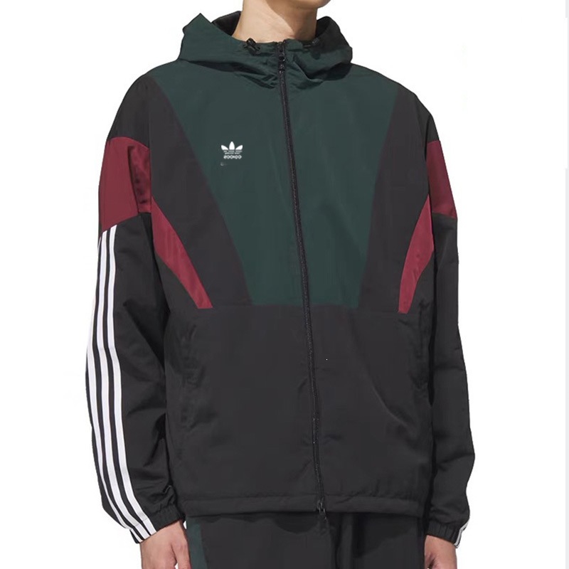 Outdoor sports hooded windbreaker with contrasting color panels, three-leaf clover jacket, spring and autumn couple's coat for hiking and cycling