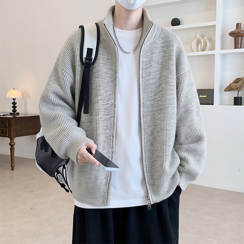Autumn and winter cardigan with double zippers, stand-up collar, knitted sweater, men's heavyweight loose-fit long-sleeve outerwear, men's knitted top Autumn and winter cardigan with double zippers, stand-up collar, knitted sweater, men's heavyweight loose-fit long-sleeve outerwear, men's knitted top