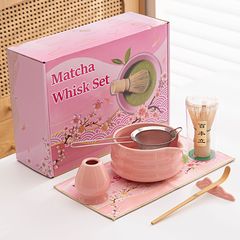 日式跨境新款粉色带嘴陶瓷抹茶碗茶具配件茶筅立套组宋代点茶茶道