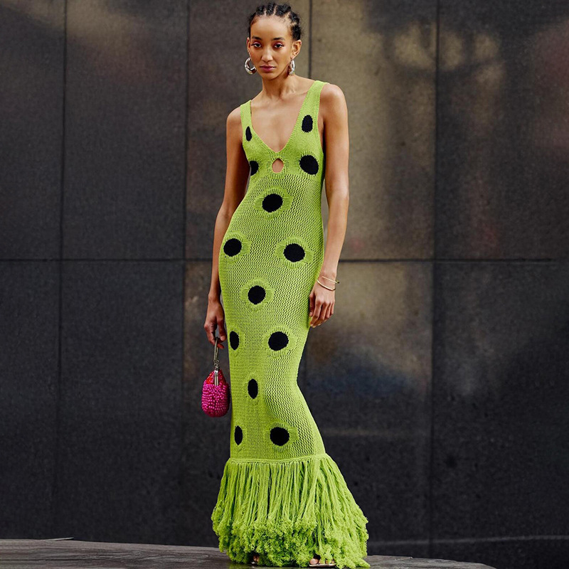 2025 Cross-Border European and American New Women's Fashion Eye-Catching Sexy Sleeveless Polka Dot Print Cut Out Slim Dress for Women