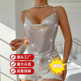 欧美速卖通跨境女装夜店ins性感露背金属系链抹胸亮片上衣XY21095