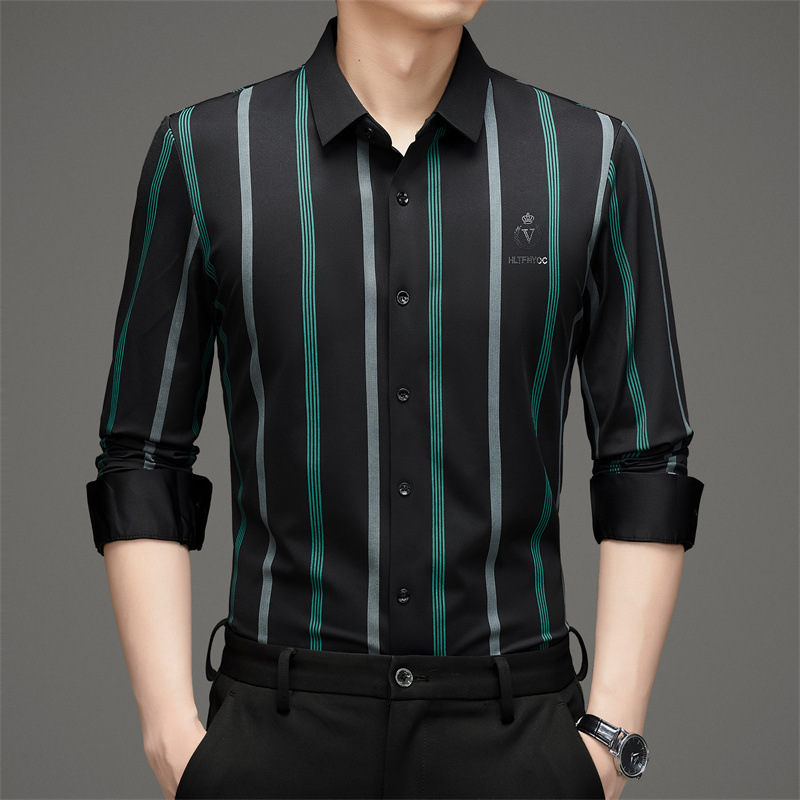 Spring and Autumn New Men's Long-Sleeved Vertical Striped Shirts, Young and Middle-Aged Men's Tops, High-Quality Seamless Shirts for Men