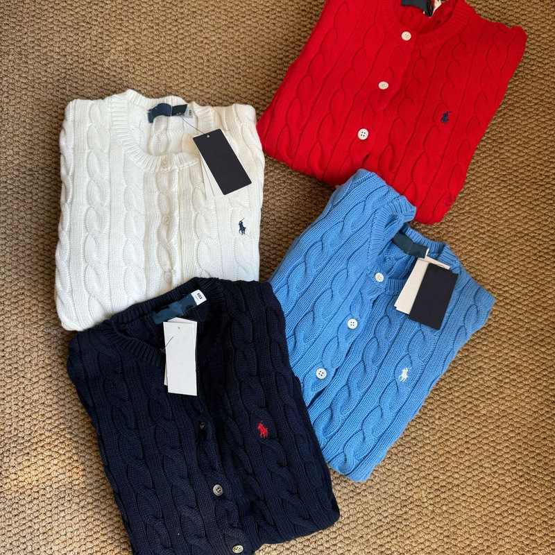 Pl Laff Pony Embroidered Cotton Knitted Cardigan Classic Cable Slim Cardigan Sweater Tops Autumn and Winter Top for Women