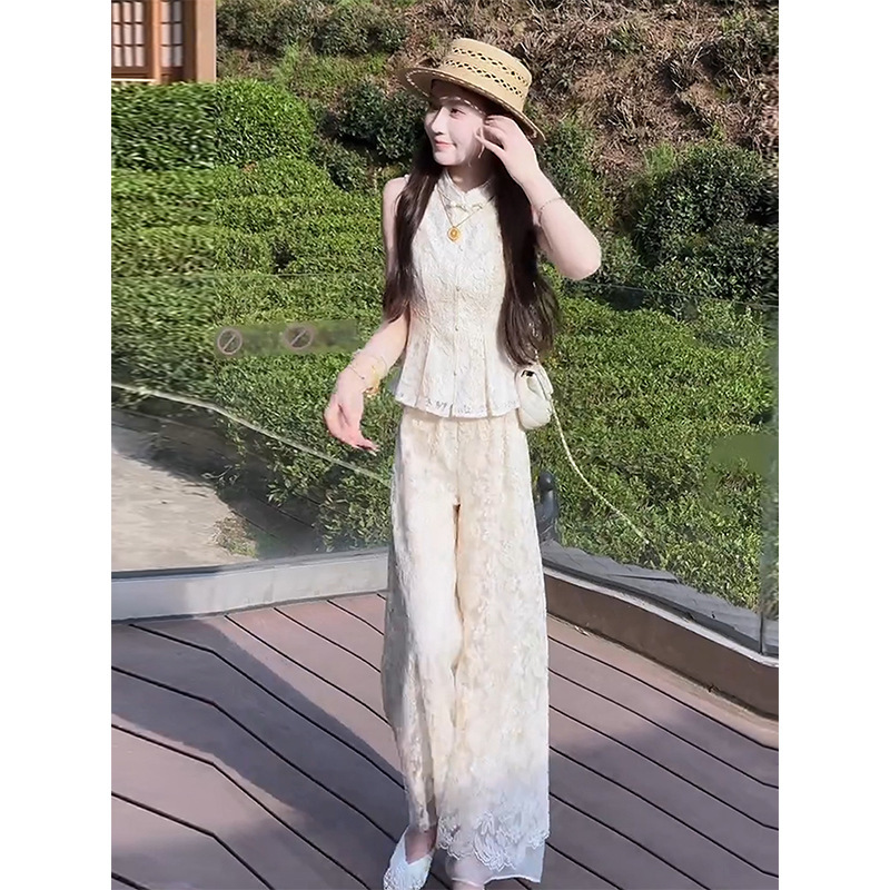 新しい中国風のレース刺繍半袖トップワイドレッグパンツ婦人服 2025 夏の新しい妖精スーツ|undefined