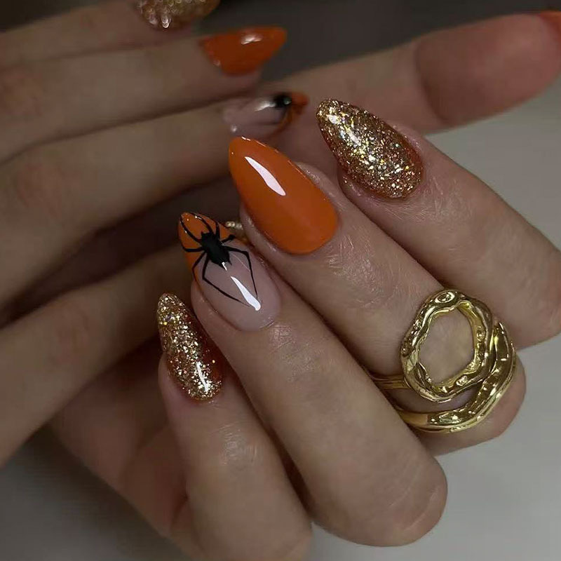 Halloween Nails Orange Gradient Spider French Almond Nails Autumn and Winter Gentle Glitter Nail Pieces European and American Style Press-On Nails