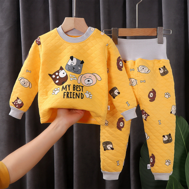 Factory direct children's thermal underwear suit three-layer cotton padded boys and girls autumn and winter home clothes baby children's clothing