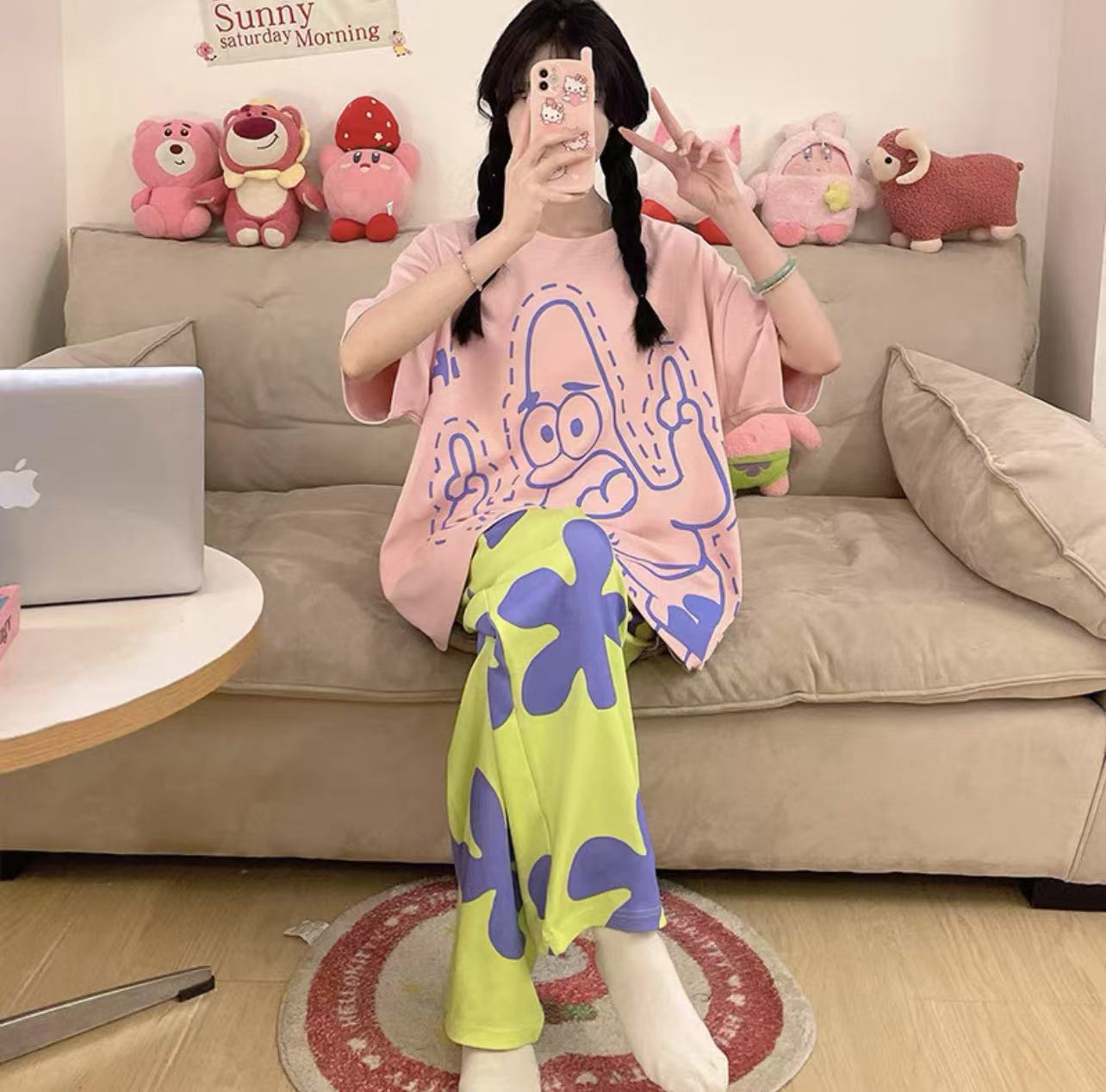 2025 pijamas de mangas cortas de mujer pantalones largos de verano delgados dibujos animados casuales lindos ropa de casa de viento rojo se puede usar fuera