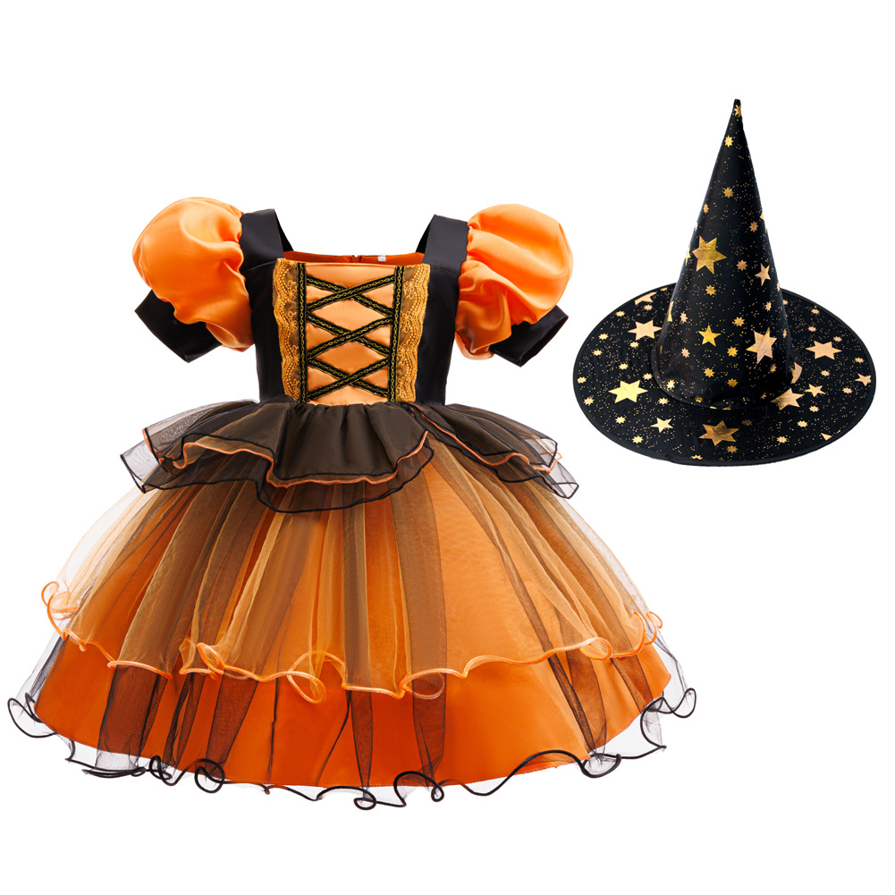 Nuevas vestidas de princesa de niñas transfronterizas vestidas de Halloween vestidas de brujas cosplay manga burbuja calabaza malla de tela