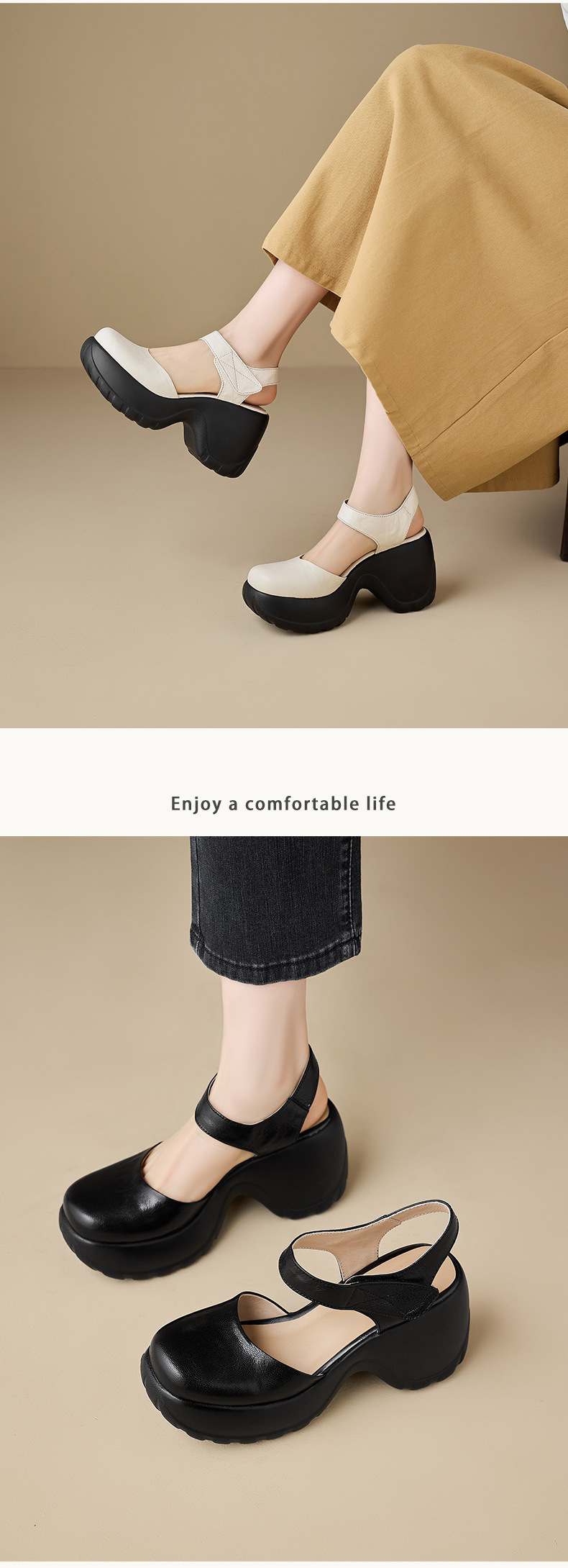 Sandal cao gót nữ hở mũi da thật quai dán, đế platform chống trượt, gót 9 cm — màu đen, màu trắng ngà chi tiết 6