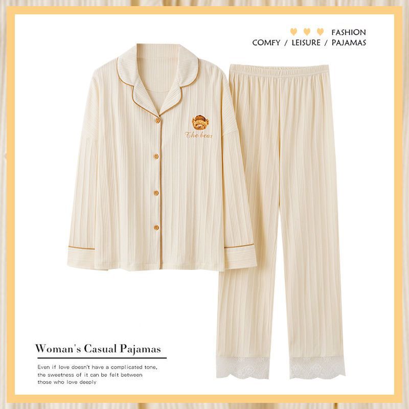 Pijamas de las mujeres de primavera y otoño 100% algodón de manga larga Chaqueta de punto más el tamaño de la madre desgaste del hogar traje de verano cómodo mes