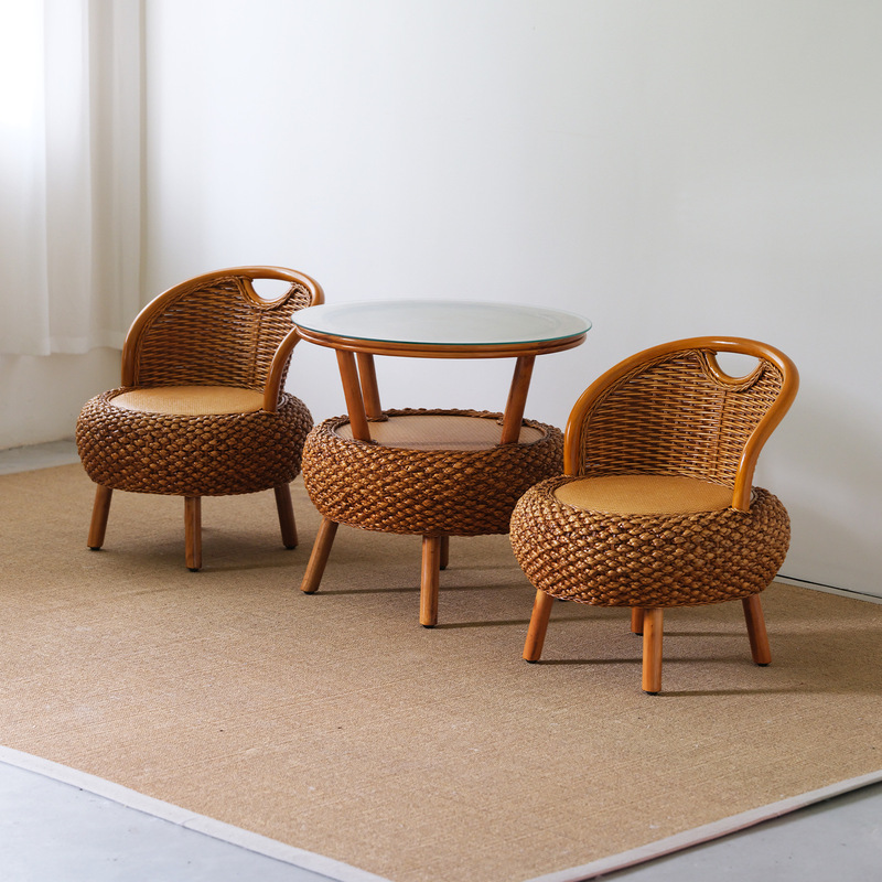 Balcony Small Rattan Chair Three-Piece Set Simple Rattan Woven Back Chair Coffee Table Round Rattan Leisure Seat for the Elderly