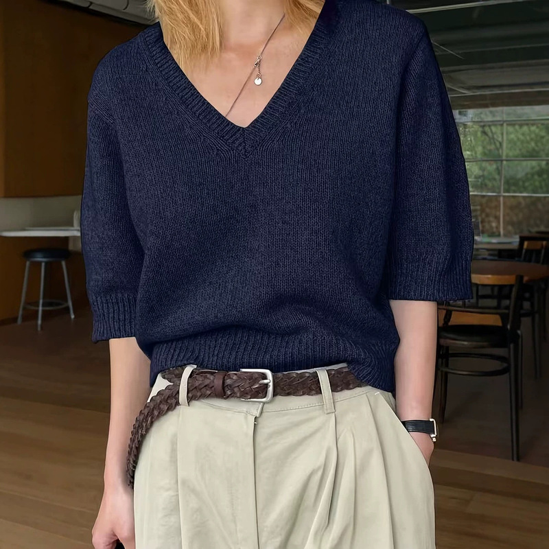Amazon's New Elegant V-Neck Knitted Sweater Short-Sleeved Casual Top for Women
