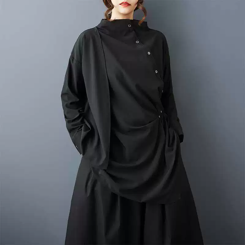 Autumn asymmetrical shirt, plus size, high collar