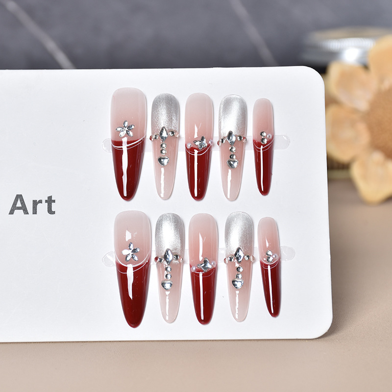 Manual puro puro deseo de Año Nuevo rojo usar uñas perros delgados largo estilo francés ojo de gato manicure pieza de uñas desmontable