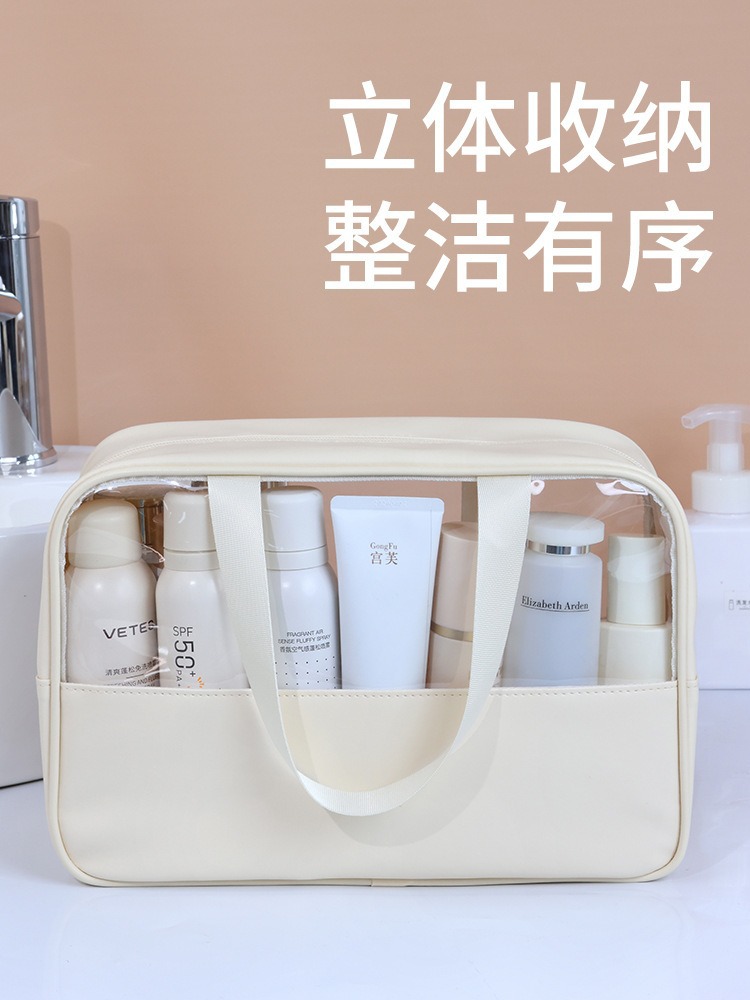 Bolsa de cosméticos de gran capacidad para mujer, nuevo estilo transparente, portátil, bolsa de almacenamiento de cosméticos de aspecto elegante, bolsa de viaje impermeable, bolsa de aseo