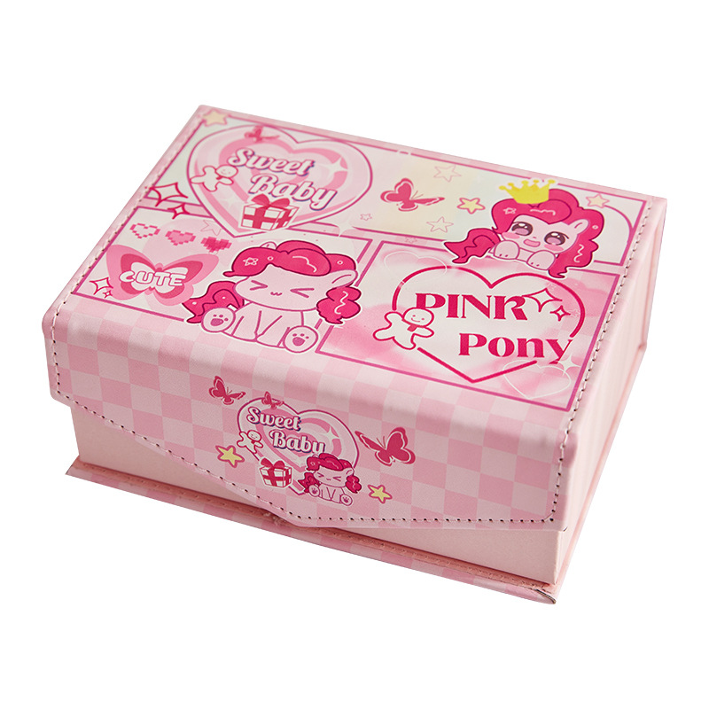 Caja de tarjetas de cuero de pony encantadora de alto valor facial, corazón de niña a prueba de polvo, botón magnético de estudiante, caja de almacenamiento de tarjetas de escritorio