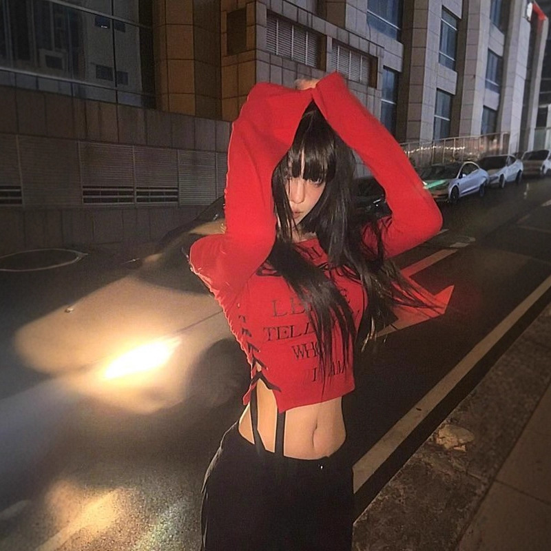 Takeaway Clothing Purchase Sexy Red Slanted Shoulder Long-Sleeved T-Shirt Women's Spring and Autum Slim Slim Tight Short Top