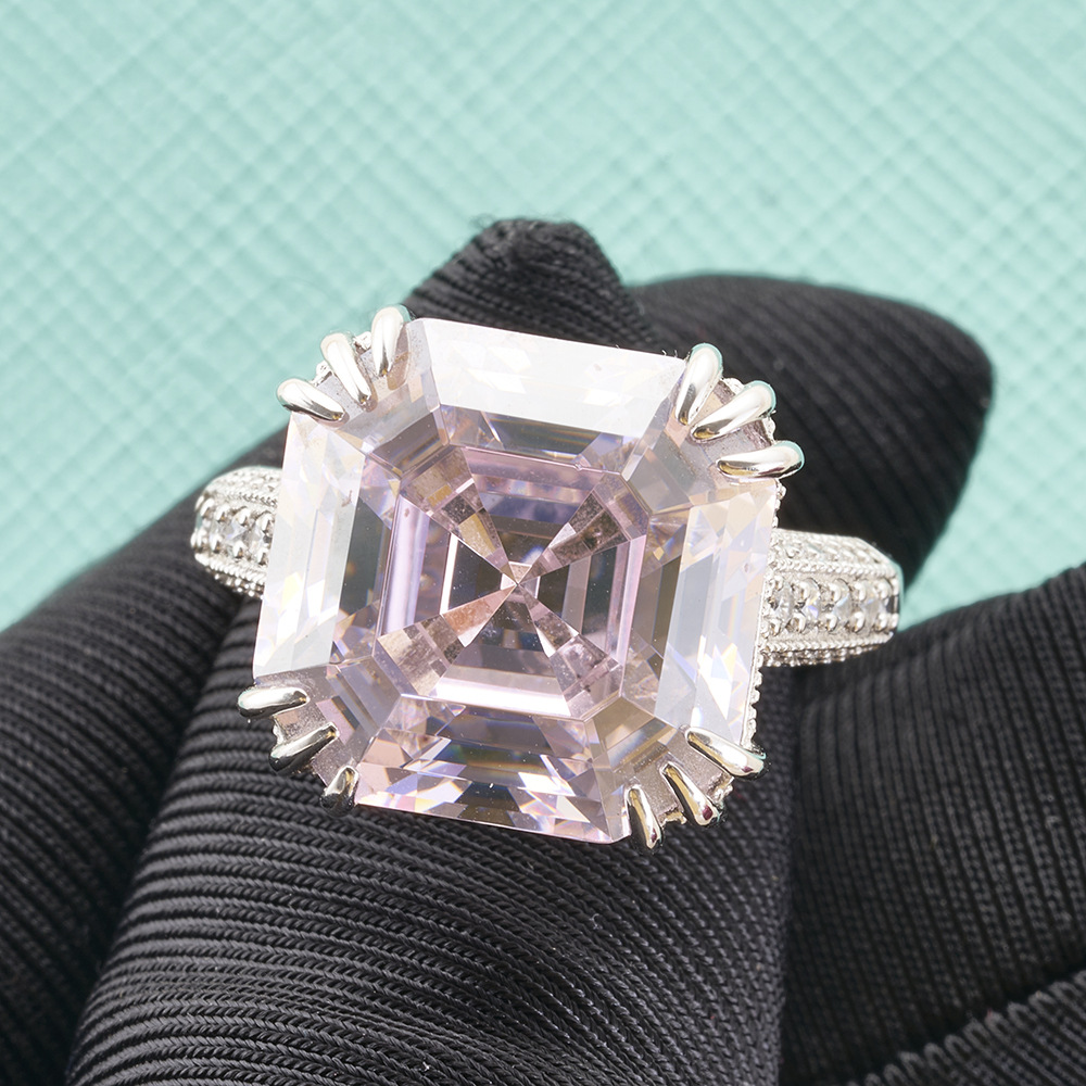Pagoda de 10 quilates de corte rosa de alto carbono diamante anillo femenino de alto carbono diamante femenino gigante flash anillo femenino de plata esterlina chapado grueso