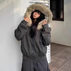 2025冬新款美式复古派克服仿兔毛大毛领连帽羽绒棉服百搭外套女