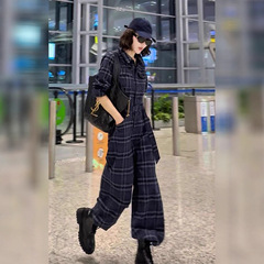 大方得体蓝色格纹工装连体裤女2025新款早秋气质女神范时尚连身裤
