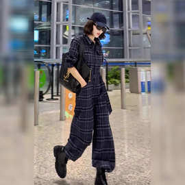 大方得体蓝色格纹工装连体裤女2025新款早秋气质女神范时尚连身裤