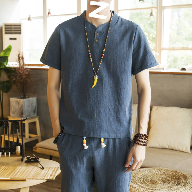Summer sleeves, men's set, retro Hanfu, Chinese style, cotton and linen, with short sleeve, plus size 4