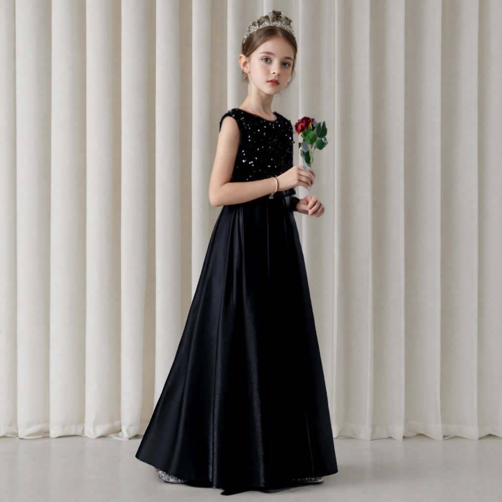 Elegantes schwarzes Prinzessinnenkleid für Mädchen – Langärmeliges Abendkleid für Klavierkonzerte, Violinkonzerte und besondere Anlässe (80-160 cm)_voghion.com