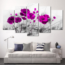 跨境货源现代高清家居艺术装饰画喷绘油画帆布画墙画五联抽象紫花