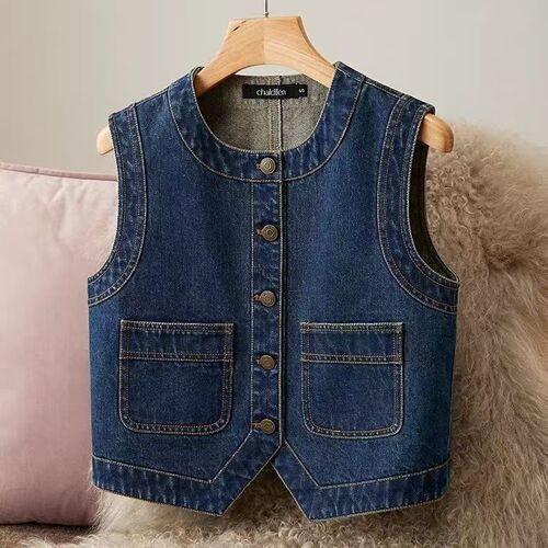 2025 Korean Summer Autumn Loose Retro Round Neck Denim Vest Backless Tank Top Outerwear Sleeveless Top Women Single Button Cross-border