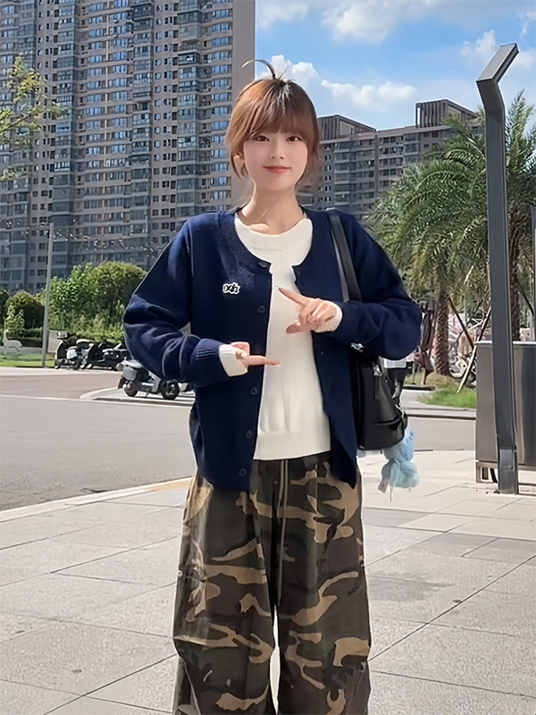 韩系撞色拼接假两件针织开衫女早秋宽松休闲百搭短款长袖毛衣外套|undefined