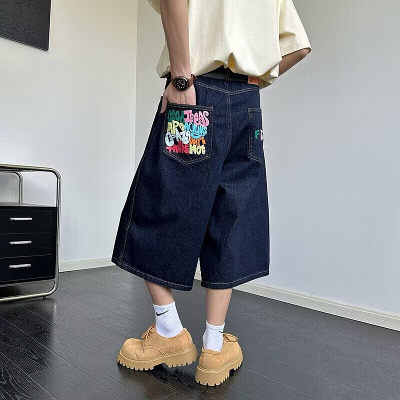 2025 American Original Design Colorful Cropped Pants Youthful Popular Straight Casual Loose Denim Shorts Trendy