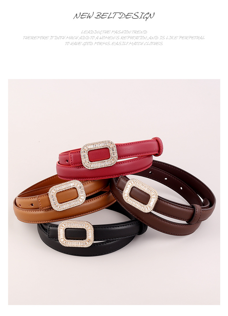 Women's Belt With Diamond Square Buckle And Genuine Leather Strap_voghion.com