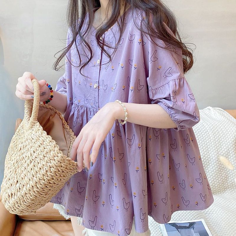 Doll Shirt Top 2022 Summer Korean Loose Sweet Cute Puffy Lantern Sleeve Floral Cotton Linen Shirt Women Doll Shirt Top 2022 Summer Korean Loose Sweet Cute Puffy Lantern Sleeve Floral Cotton Linen Shirt Women
