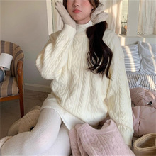 温柔风圆领麻花套头毛衣女装秋冬新款韩系宽松外穿软糯针织衫上衣