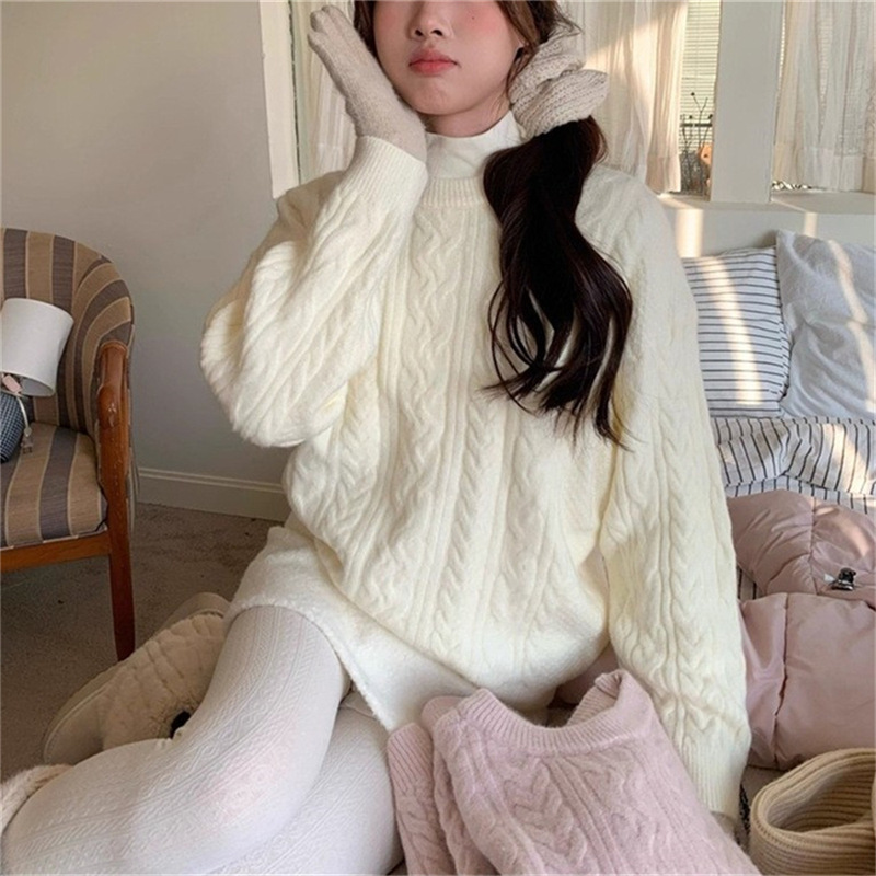 温柔风圆领麻花套头毛衣女装秋冬新款韩系宽松外穿软糯针织衫上衣|undefined