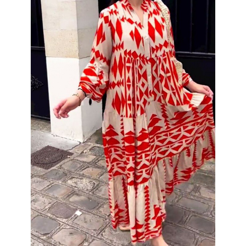 2022 cross-border European and American women's clothing Amazon new printed shirt skirt bohemian dress in stock
