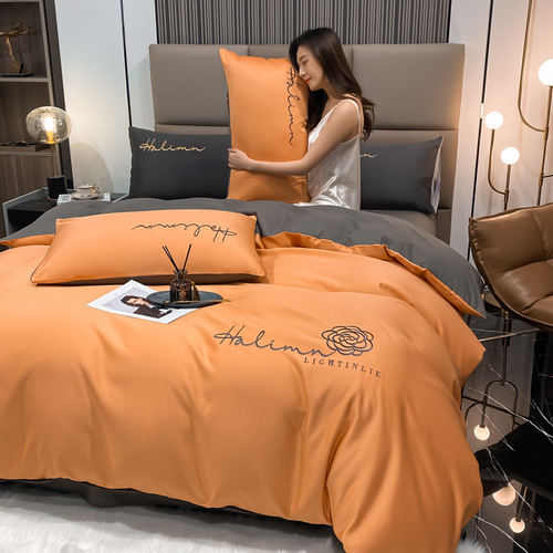 2024 New Washed Satin + Washed Cotton Nordic Simple Solid Color Washed Cotton Bedding Set with 1.8m Bed Sheet