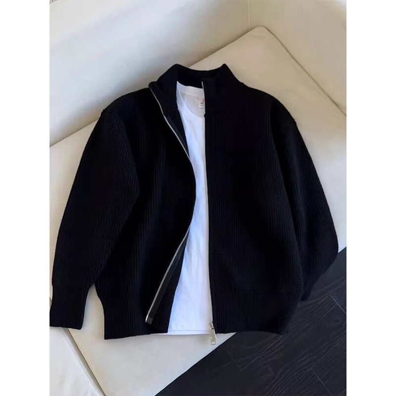 Pure Black Double-Zip Stand-Collar Sweater for Men, Autumn-Style Cardigan Knitwear, Couple's Jacket, Gray in Stock