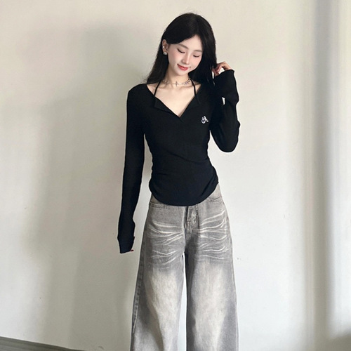 Black Sweet Pepper V-Neck Sunscreen Long-Sleeve T-Shirt for Women Autumn/Winter Innerwear Fitted Small Figure Waist-Trimming Short-Sleeve Base Top