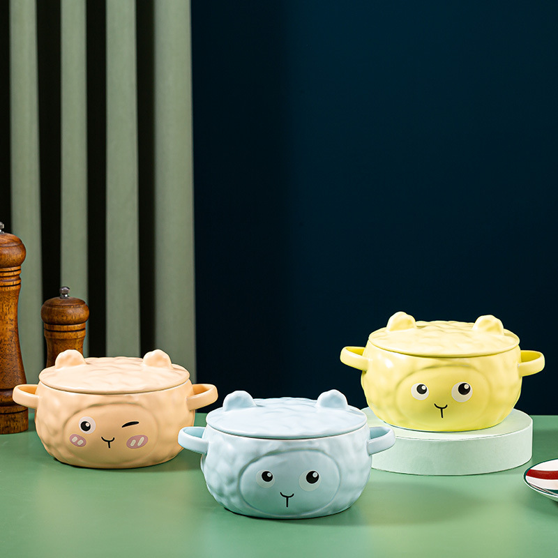 Tazón de cerámica con diseño de oveja y orejas - Con tapa - Para fideos y sopa - Tamaño grande ideal para estudiantes