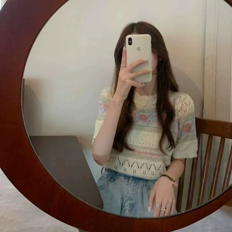 Летний сладкий новый стиль с полым верхом, нежный стиль, утягивающий свитер с короткими рукавами для женщин